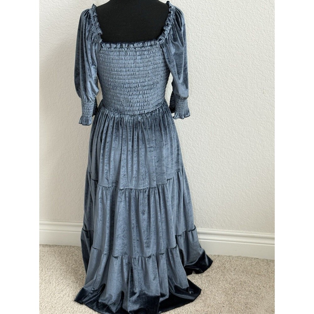 Baltic Born Vivaldi Smocked Velvet Blue Midi‎ Dress M Boho Feminine Cottagecore - Picture 3 of 10